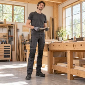 Großer Mann in Arbeitshose mit Langgröße, Sicherheitsschuhen und Arbeitshandschuhen in einer hellen Werkstatt
