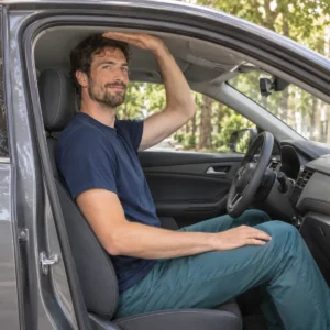 Großer Mann sitzt im Auto und zeigt mit der flachen Hand den Abstand zwischen Kopf und Dachhimmel