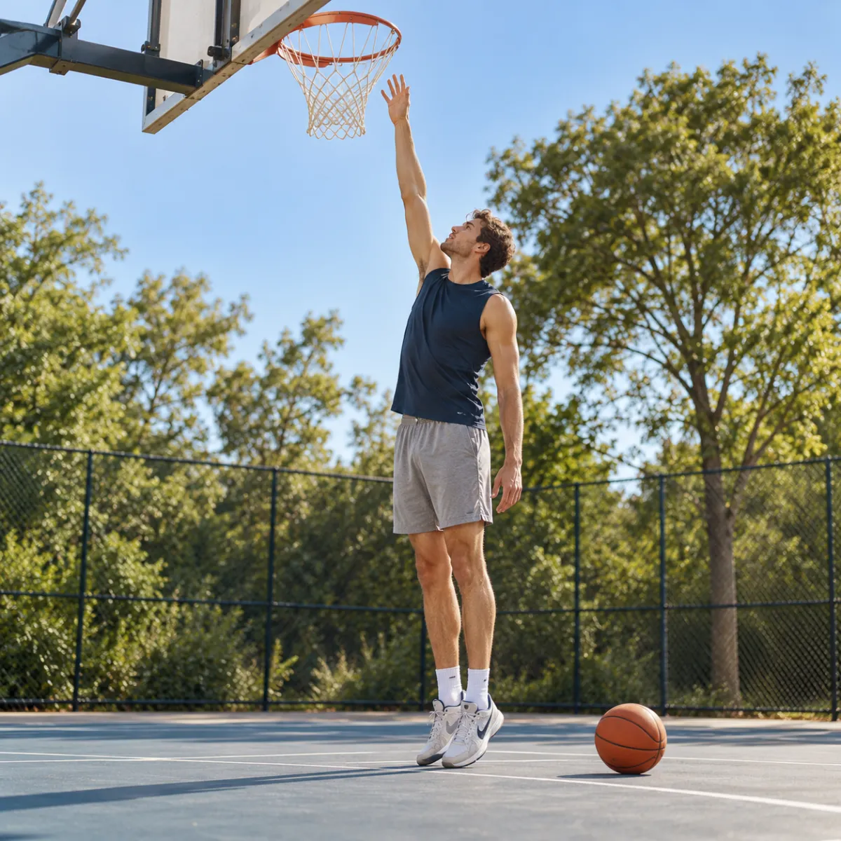 Erreichst du den Basketballkorb? Großer Mann streckt sich auf einem Freiplatz nach dem Basketballkorb