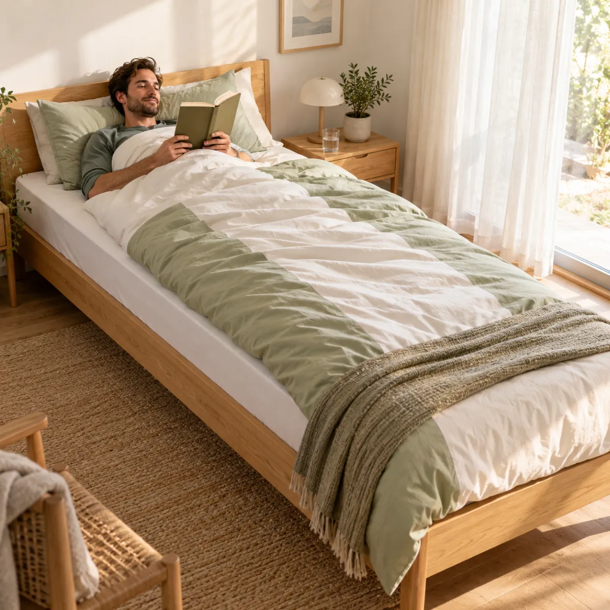 Bettwäsche in Überlänge für große Menschen: Bettbezüge 155 x 220 cm & Spannbettlaken Großer Mann liegt lesend in einem langen Bett mit grün-weißer Bettwäsche in Überlänge