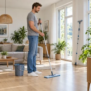Großer Mann wischt aufrecht stehend mit einem Bodenwischer mit langem Teleskopstiel den Boden einer hellen Wohnung