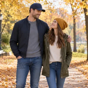 Großer Mann mit gut sitzender Basecap und große Frau mit langer Strickmütze in einem herbstlichen Park