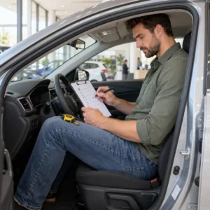 Großer Mann sitzt im Autohaus auf dem Fahrersitz und hakt eine ausgedruckte Checkliste ab