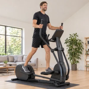 Großer Mann trainiert aufrecht auf einem Crosstrainer mit langer Schrittlänge in einem hellen Raum mit hoher Decke