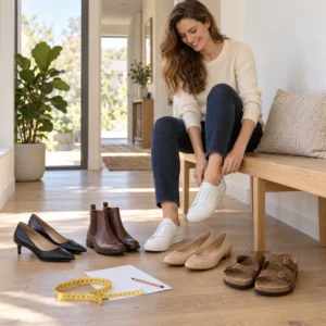 Große Frau sitzt auf einer Bank und probiert Damenschuhe in großer Größe an, daneben Sneaker, Pumps mit kleinem Absatz und Chelsea Boots