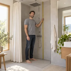 Großer Mann steht in einer bodengleichen Dusche, die Kopfbrause hängt deutlich über seinem Kopf
