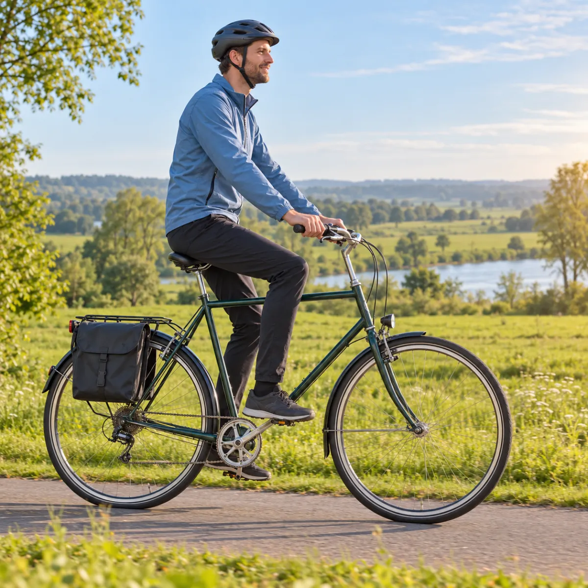 Fahrrad für große Menschen: Rahmengröße berechnen & XXL-Räder ab 1,90 m Großer Mann fährt ein Trekkingrad mit hohem Rahmen und Gepäcktasche auf einem Radweg im Grünen