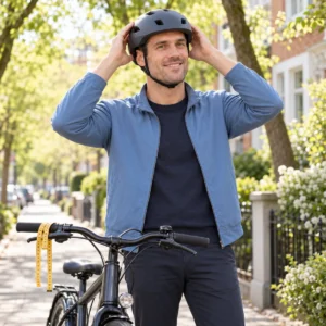 Großer Mann setzt neben seinem Fahrrad einen gut sitzenden Fahrradhelm auf, ein Maßband zum Messen des Kopfumfangs liegt bereit