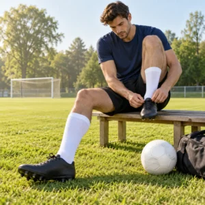 Großer Mann sitzt am Rand eines Fußballplatzes und schnürt seine Fußballschuhe in Übergröße