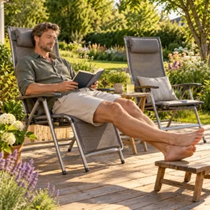 Großer Mann sitzt entspannt in einem Hochlehner-Gartenstuhl auf der Terrasse, sein Kopf liegt auf dem Kopfkissen der hohen Rückenlehne