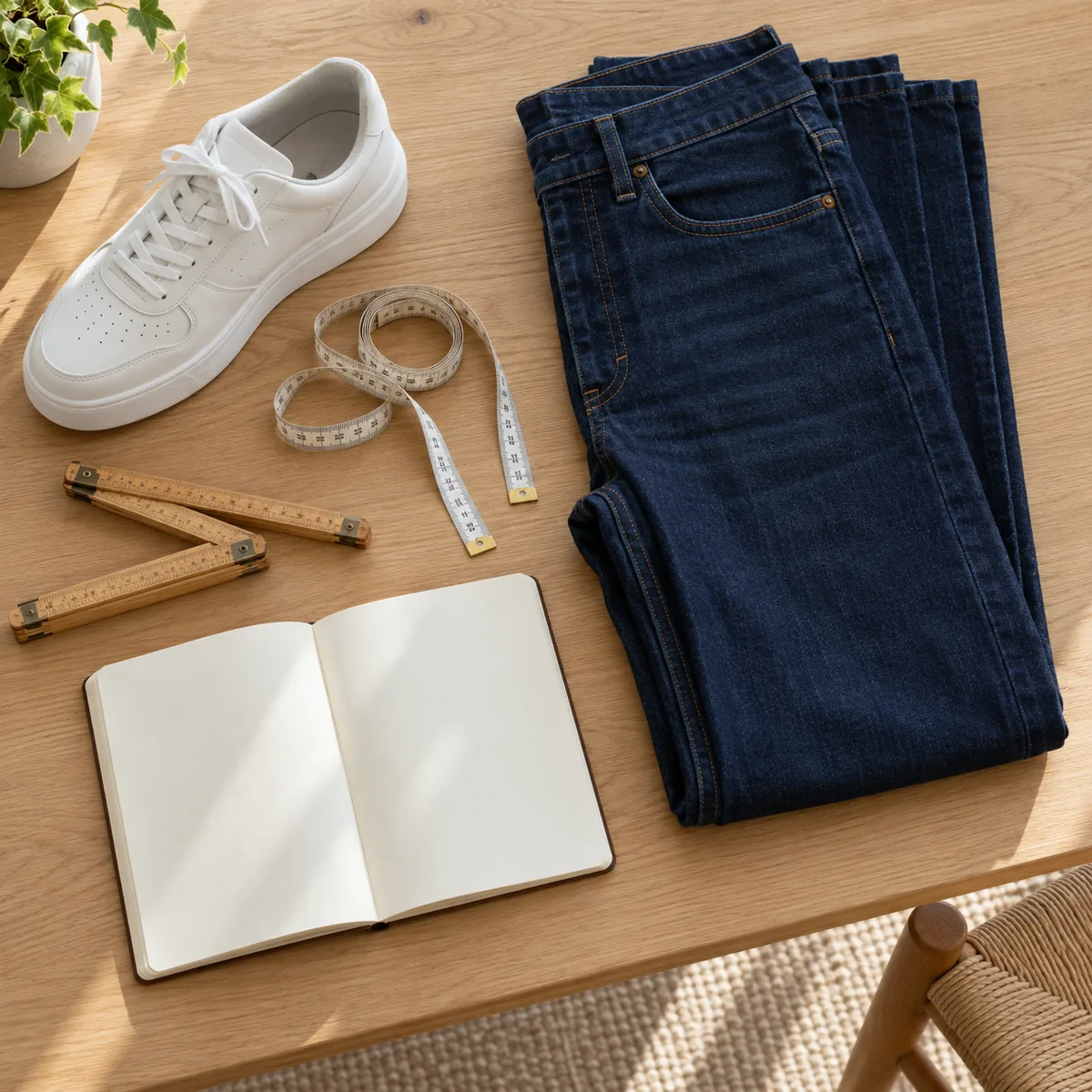 Maßband, Zollstock und Notizbuch auf einem Holztisch neben einer gefalteten langen Jeans und einem großen Sneaker
