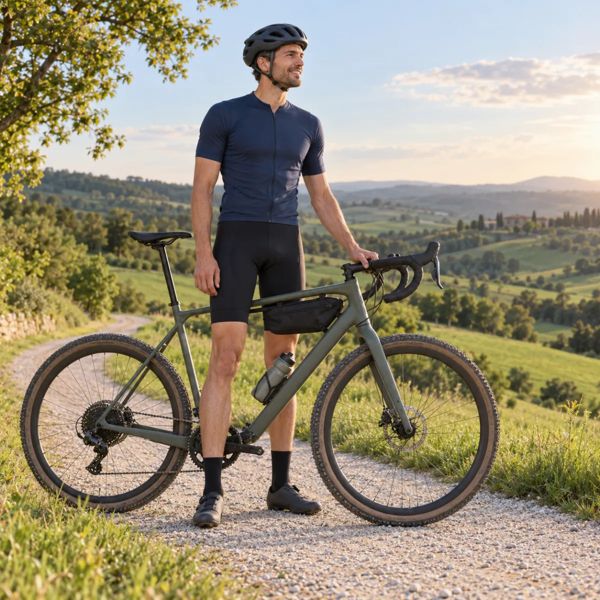 Großer Mann steht neben einem Gravelbike mit großem Rahmen auf einem Schotterweg in hügeliger Landschaft