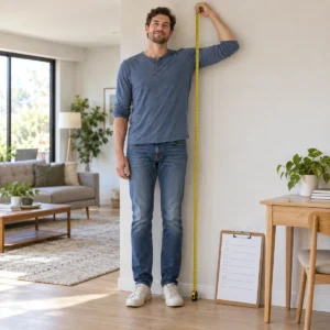 Großer Mann misst sich mit einem Maßband an einer hellen Wand, daneben ein Klemmbrett mit einem ausgedruckten Profilblatt