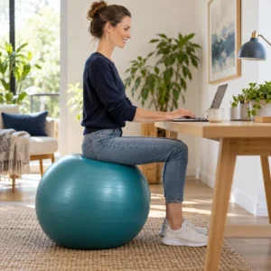 Große Frau sitzt aufrecht auf einem großen Gymnastikball am Schreibtisch, die Knie etwa im rechten Winkel