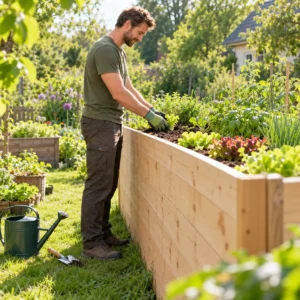 Großer Mann gärtnert aufrecht an einem hüfthohen Hochbeet im Garten