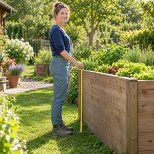 Große Frau misst im Garten mit einem Maßband die Höhe eines Hochbeets, die Oberkante reicht bis zu ihrer Hüfte