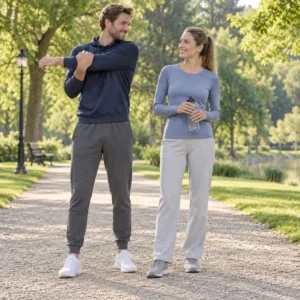 Großer Mann und große Frau in extra langen Jogginghosen, die Hosenbeine reichen bis zu den Turnschuhen