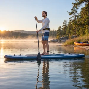 Großer Mann steht auf einem langen, breiten SUP-Board auf einem ruhigen See und paddelt mit einem langen Paddel