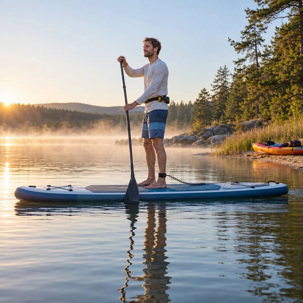 Großer Mann steht auf einem langen, breiten SUP-Board auf einem ruhigen See und paddelt mit einem langen Paddel