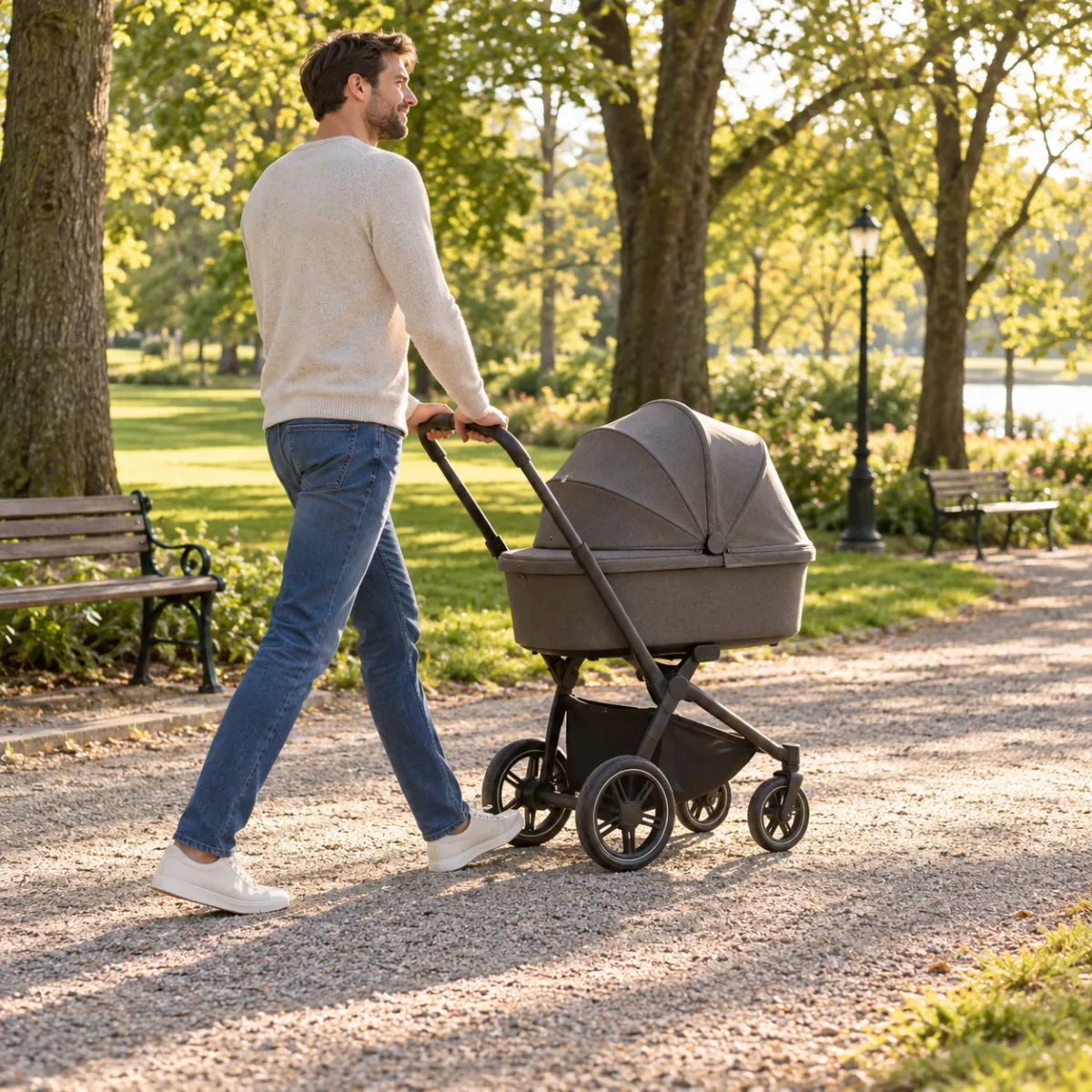 Kinderwagen für große Eltern: Kombi, Buggy & Jogger mit hohem Schiebebügel Großer Vater schiebt einen Kinderwagen mit hoch eingestelltem Schiebebügel aufrecht durch einen Park