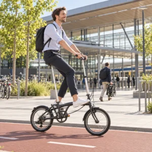 Großer Mann fährt ein Klapprad mit weit ausgezogener Sattelstütze vor einem Bahnhof