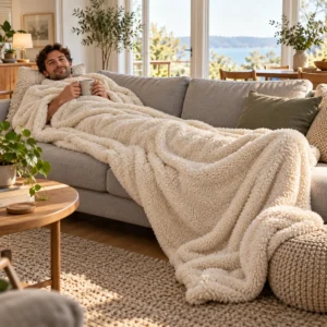 Großer Mann liegt ausgestreckt auf dem Sofa unter einer Kuscheldecke XXL, die bis über die Füße reicht