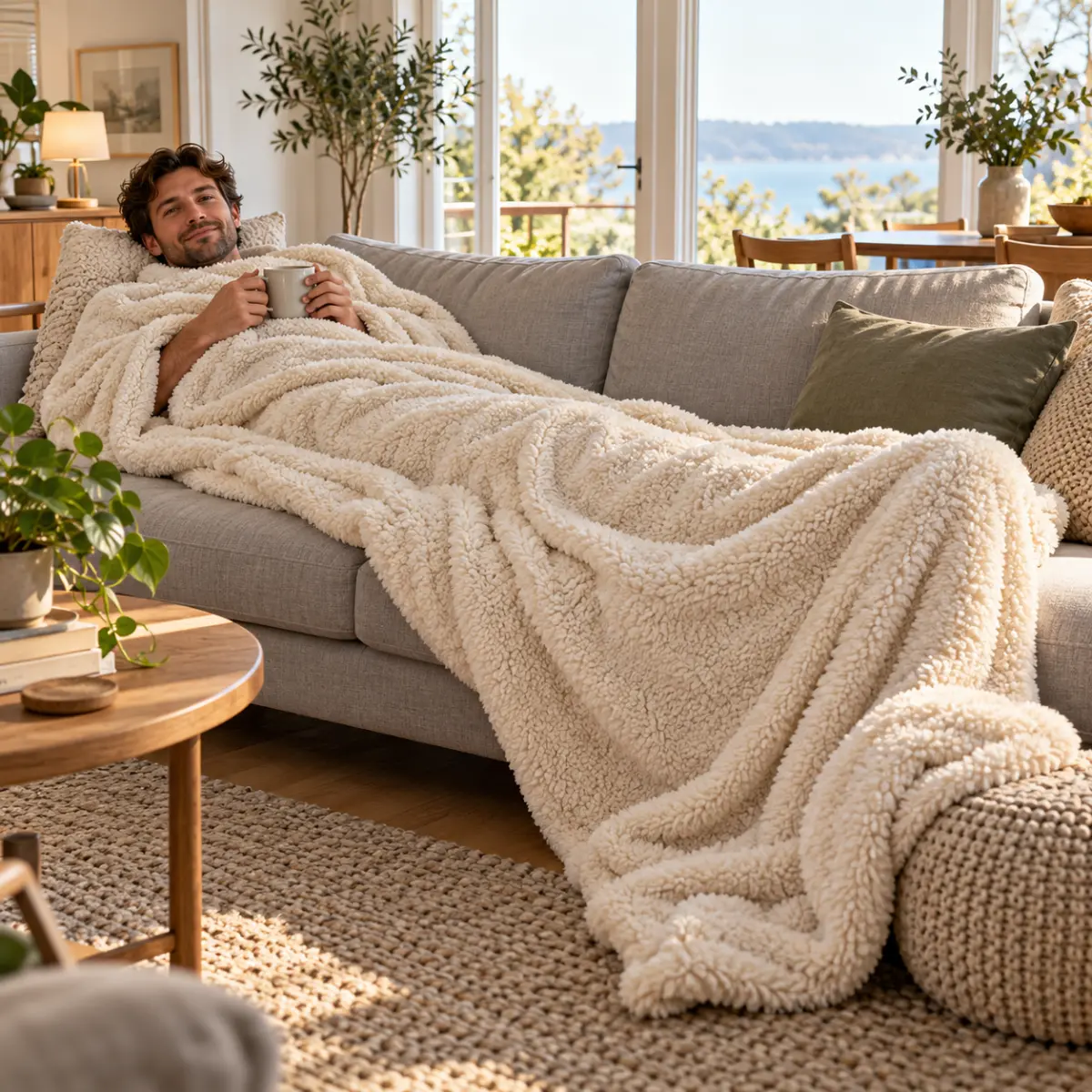 Großer Mann liegt ausgestreckt auf dem Sofa unter einer Kuscheldecke XXL, die bis über die Füße reicht