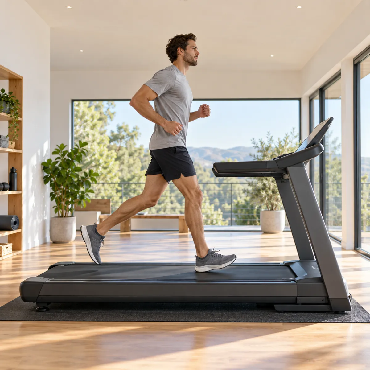 Großer Mann joggt mit langen Schritten auf einem Laufband mit langer Lauffläche in einem hellen Raum