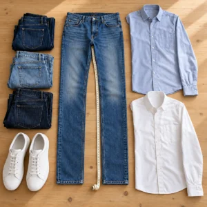 Gefaltete Jeans mit langer Beinlänge, Hemden mit langen Ärmeln und ein Maßband auf einem hellen Holztisch