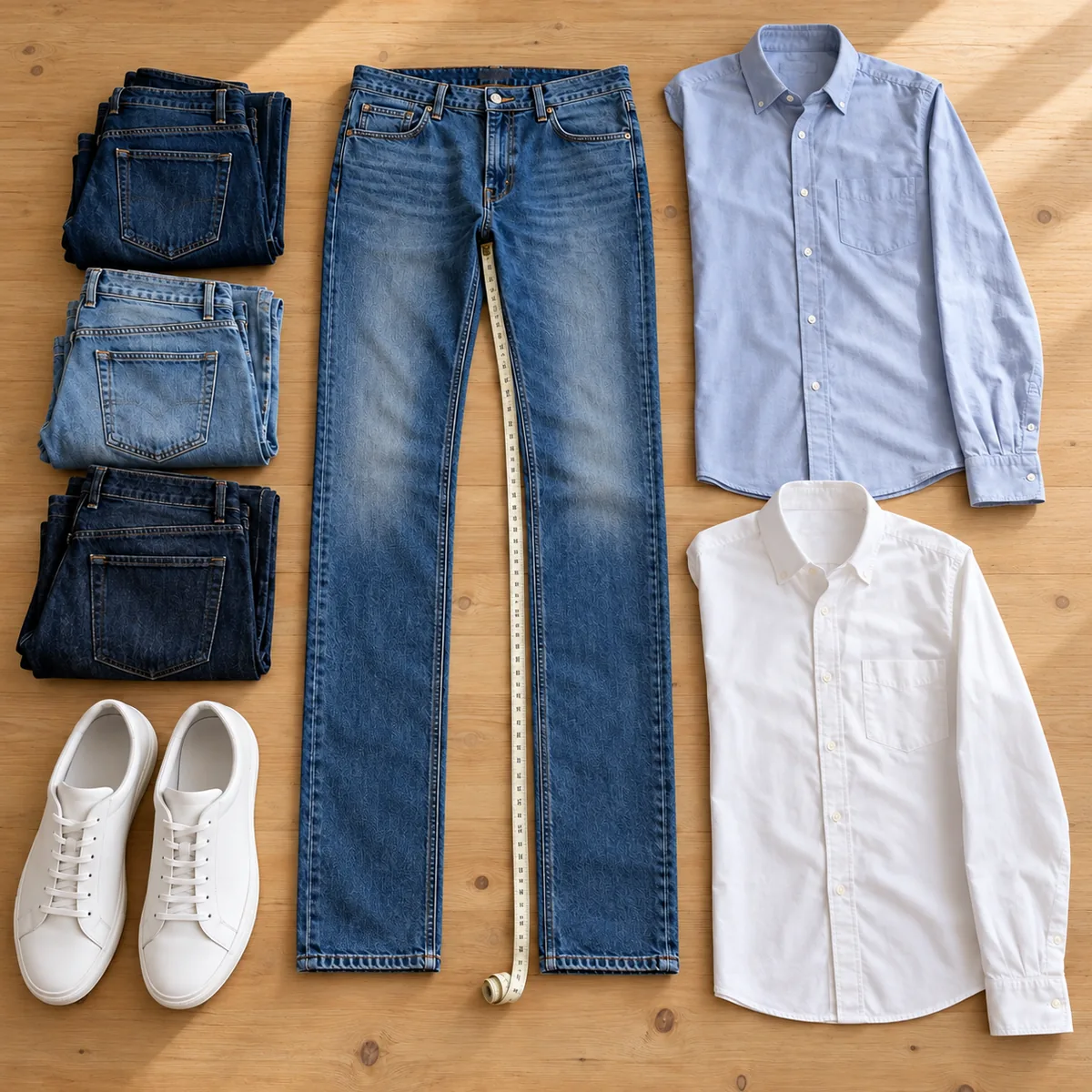 Gefaltete Jeans mit langer Beinlänge, Hemden mit langen Ärmeln und ein Maßband auf einem hellen Holztisch