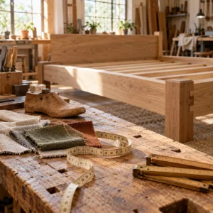 Werkbank mit Maßband, Stoffmustern, Schuhleisten und Zollstock vor einem langen Holzbettrahmen