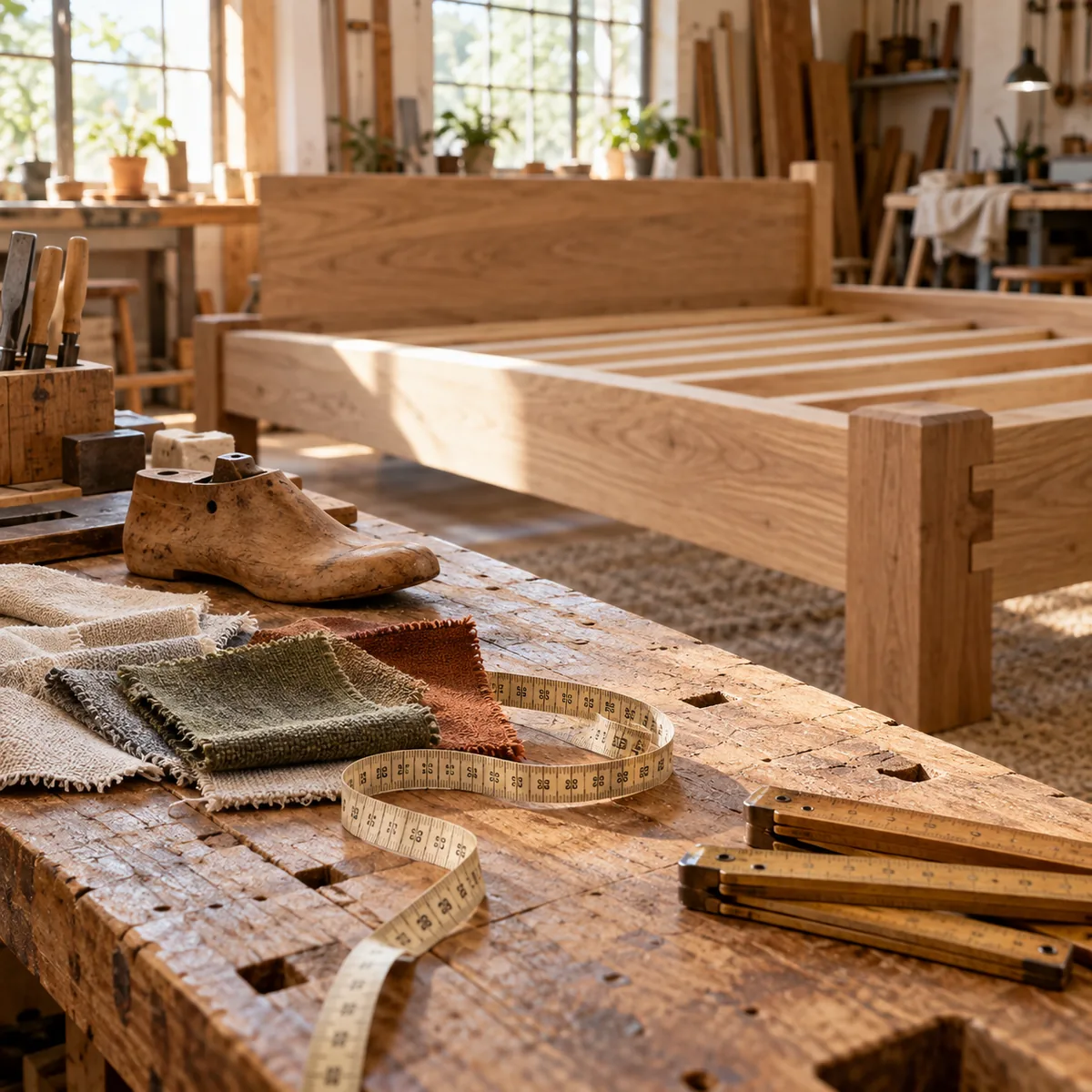 Werkbank mit Maßband, Stoffmustern, Schuhleisten und Zollstock vor einem langen Holzbettrahmen