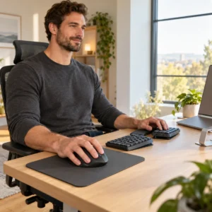 Großer Mann am Schreibtisch, seine große Hand liegt entspannt auf einer ergonomischen Maus, daneben eine geteilte Tastatur
