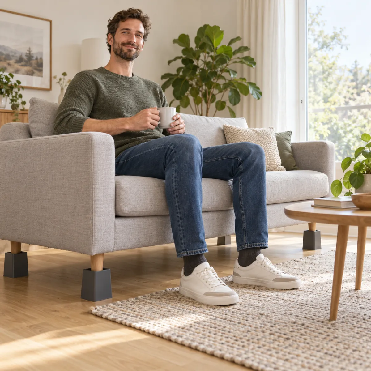 Großer Mann sitzt entspannt auf einem Sofa, dessen Füße auf Möbelerhöhern stehen