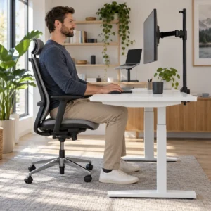 Großer Mann sitzt aufrecht am Schreibtisch, sein Monitor ist an einem Monitorarm mit hoher Säule auf Augenhöhe montiert