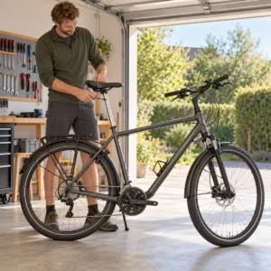 Großer Mann stellt an seinem Trekkingrad eine extra lange Sattelstütze und einen höheren Lenker ein
