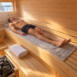 Großer Mann liegt in der Sauna ausgestreckt auf einem extra langen Saunatuch XXL