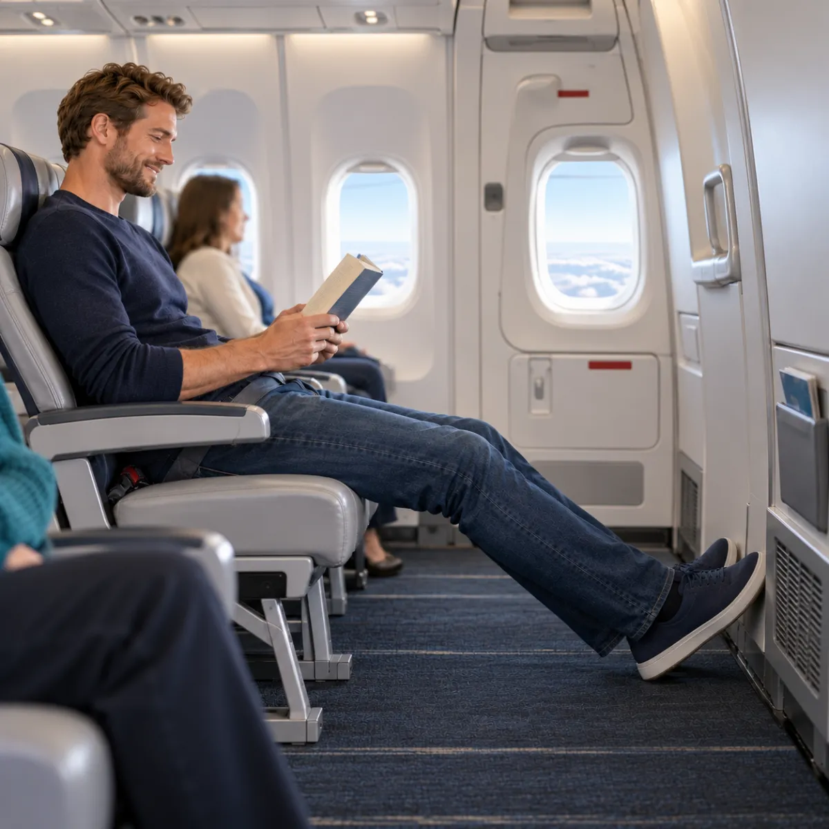 Großer Mann sitzt im Flugzeug am Notausgang und streckt die Beine bequem aus