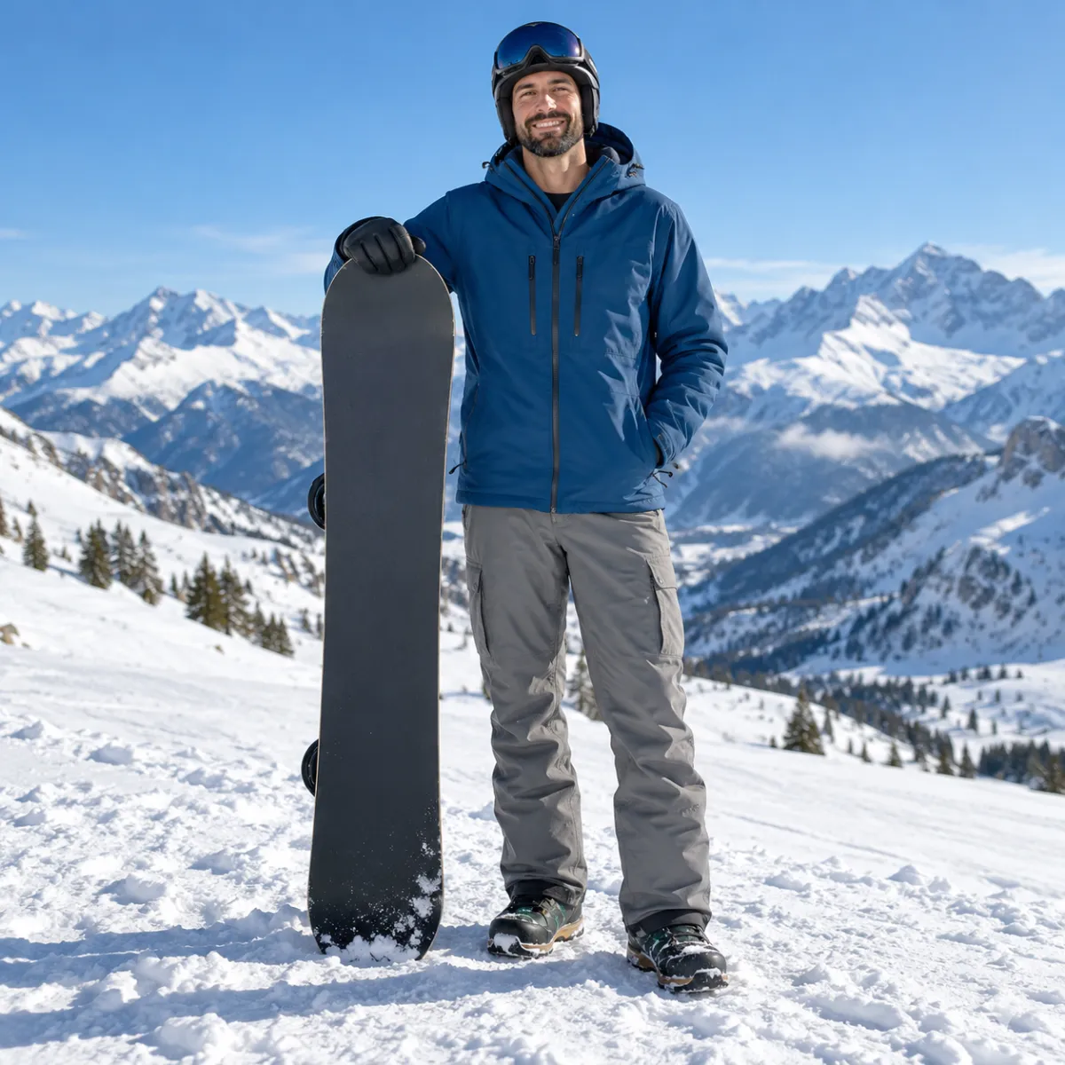 Snowboardgröße berechnen Großer Snowboarder steht im Schnee neben seinem aufgestellten Board