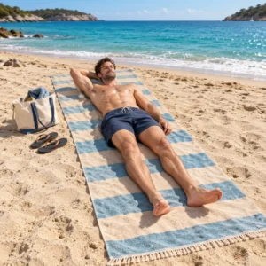 Großer Mann liegt ausgestreckt auf einem extra langen Strandtuch im Sand, Kopf und Füße liegen auf dem Tuch