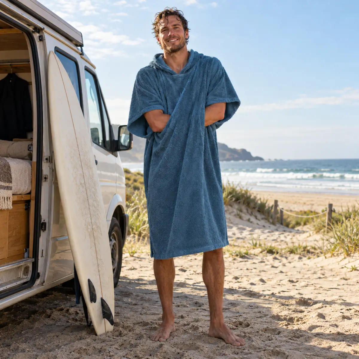 Großer Mann im langen Surfponcho mit Kapuze am Strand nach dem Surfen
