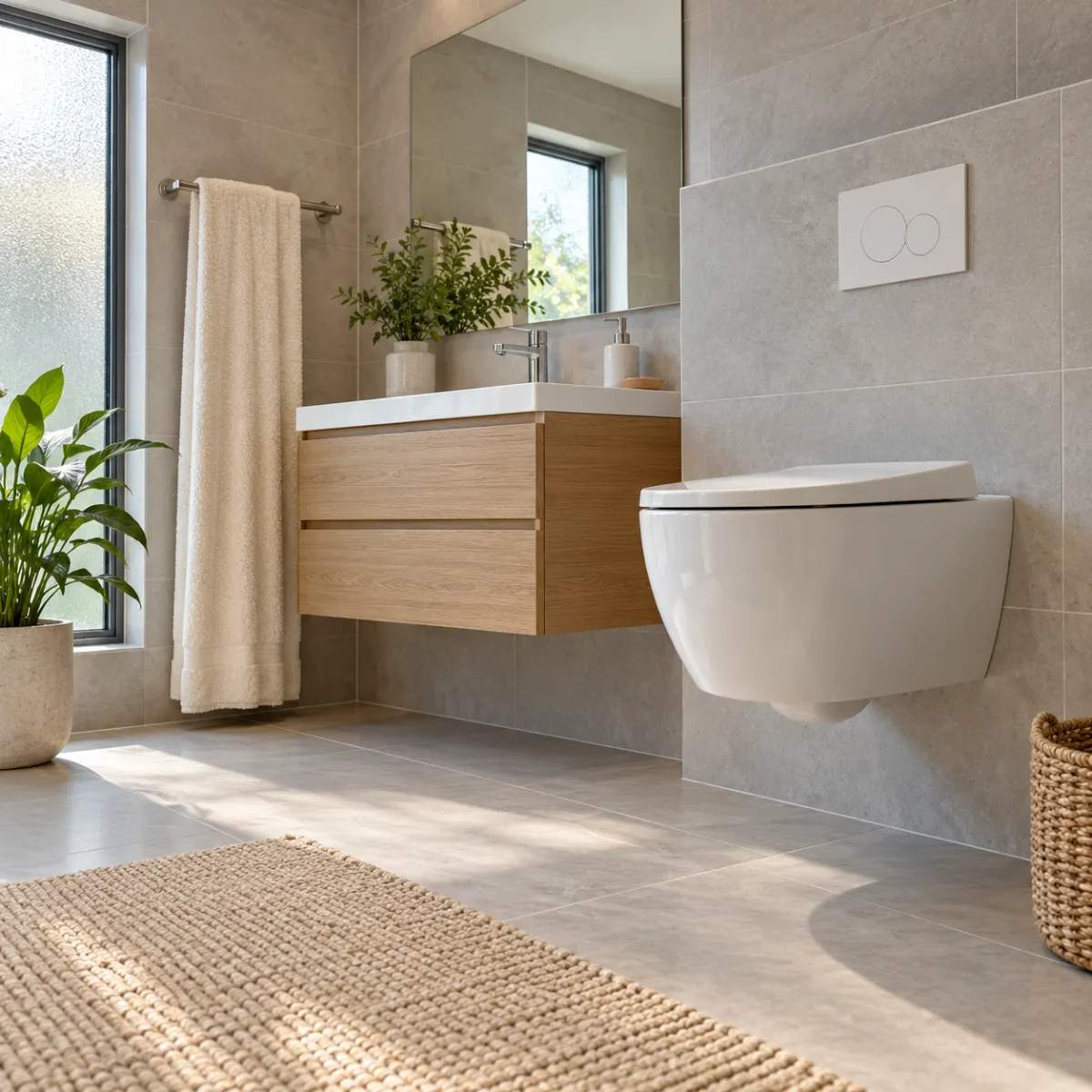 Toilette für große Menschen: erhöhtes WC & WC-Sitzerhöhung in Komforthöhe Modernes Badezimmer mit erhöht montiertem Wand-WC für große Menschen