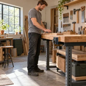 Großer Mann arbeitet aufrecht an einer höhenverstellbaren Werkbank in einer hellen Werkstatt