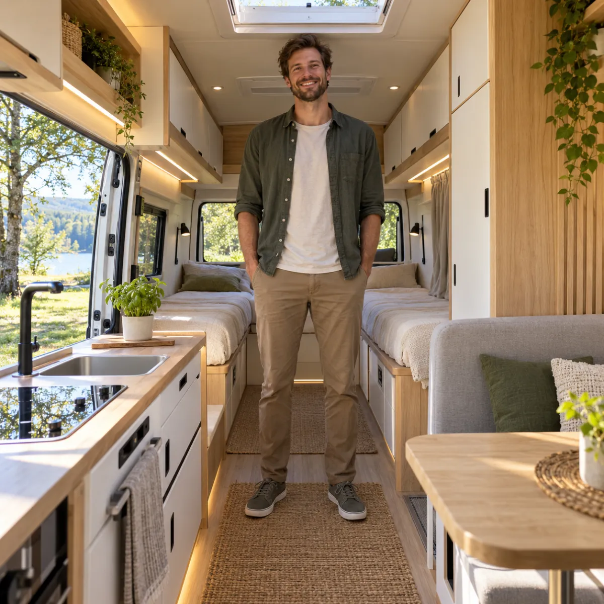 Großer Mann steht aufrecht im Gang eines Campervans mit Hochdach, daneben Küchenzeile und Längsbetten